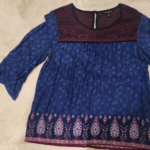 Lucky Brand Navy and Burgundy Patterned Blouse